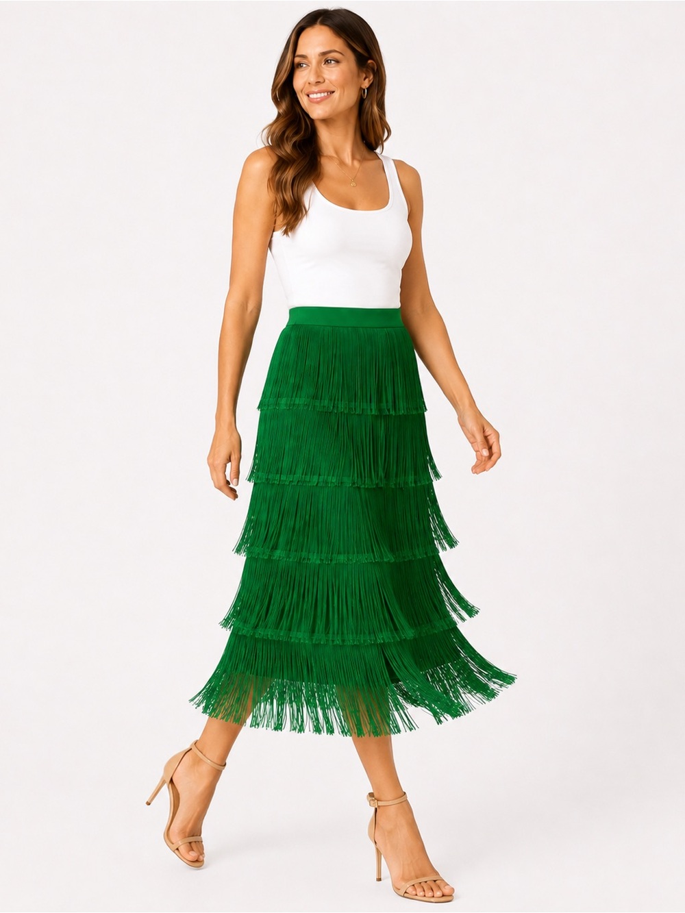 Good Time USA NWT Emerald Green Tiered Fringe Midi Skirt XL Dance Party